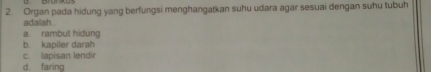 Organ pada hidung yang berfungsi menghangatkan suhu udara agar sesuai dengan suhu tubuh
adalah.
a. rambut hidung
b. kapiler darah
c. lapisan lendir
d. faring