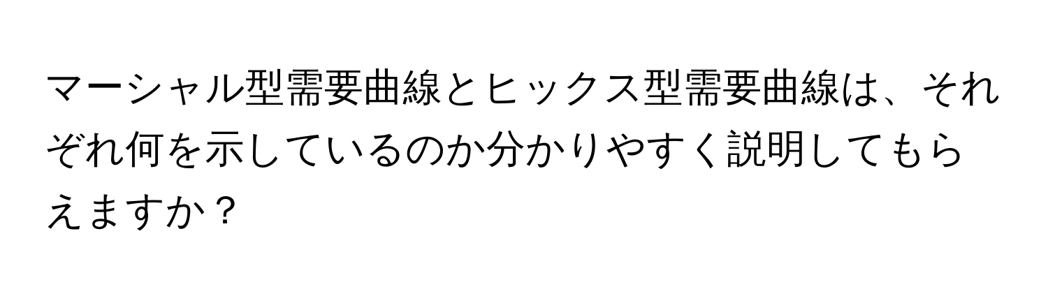 マーシャル型需要曲線とヒックス型需要曲線は、それぞれ何を示しているのか分かりやすく説明してもらえますか？