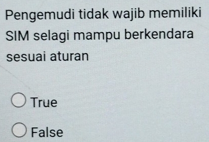 Pengemudi tidak wajib memiliki
SIM selagi mampu berkendara
sesuai aturan
True
False