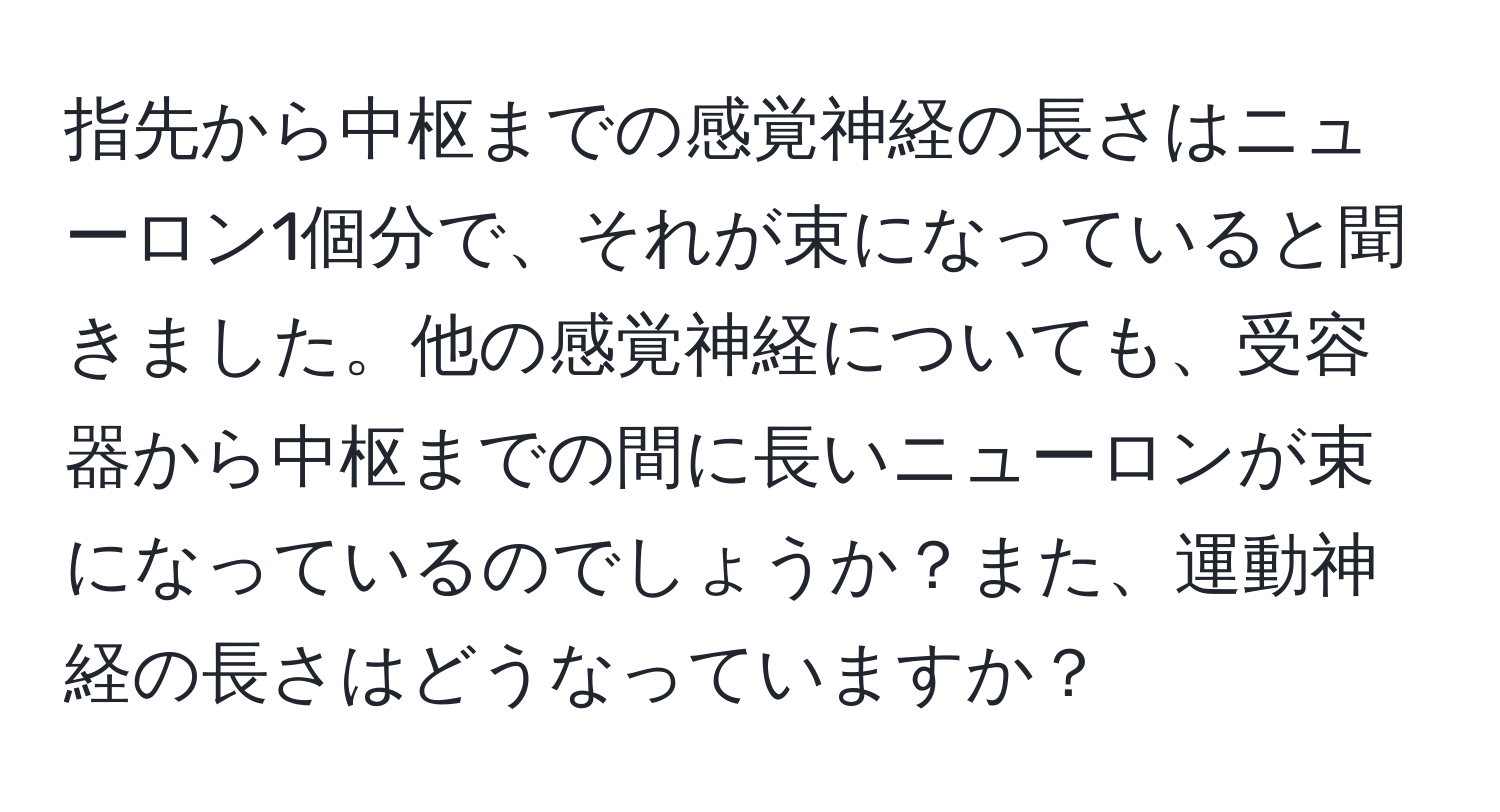 指先から中枢までの感覚神経の長さはニューロン1個分で、それが束になっていると聞きました。他の感覚神経についても、受容器から中枢までの間に長いニューロンが束になっているのでしょうか？また、運動神経の長さはどうなっていますか？