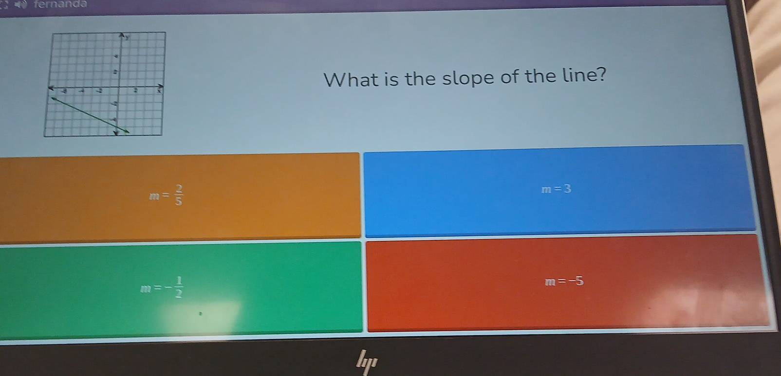 fernanda
What is the slope of the line?
m= 2/5 
m=3
m=- 1/2 
m=-5