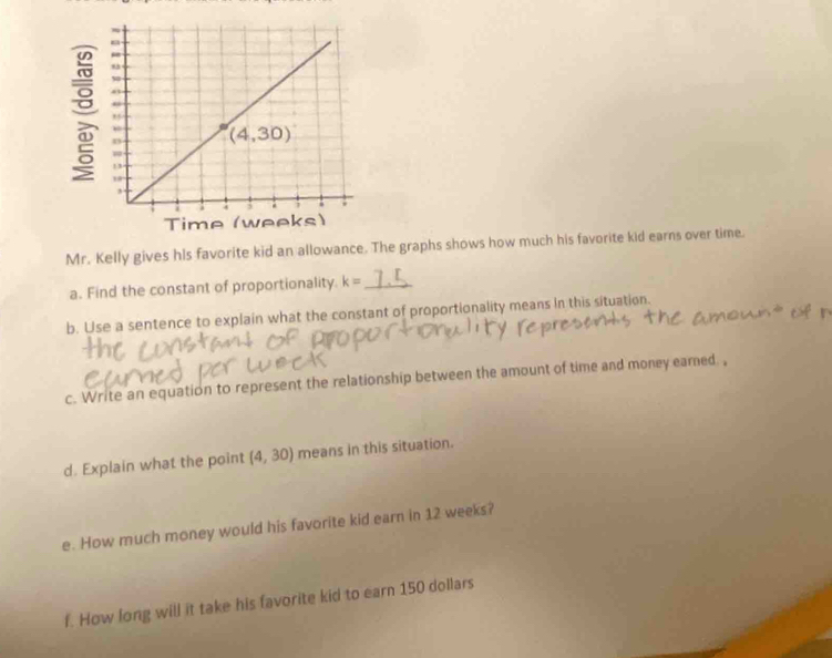 Mr. Kelly gives hls favorite kid an allowance. The graphs shows how much his favorite kid earns over time.
a. Find the constant of proportionality. k= _
b. Use a sentence to explain what the constant of proportionality means in this situation.
c. Write an equation to represent the relationship between the amount of time and money earned. ,
d. Explain what the point (4,30) means in this situation.
e. How much money would his favorite kid earn in 12 weeks?
f. How long will it take his favorite kid to earn 150 dollars