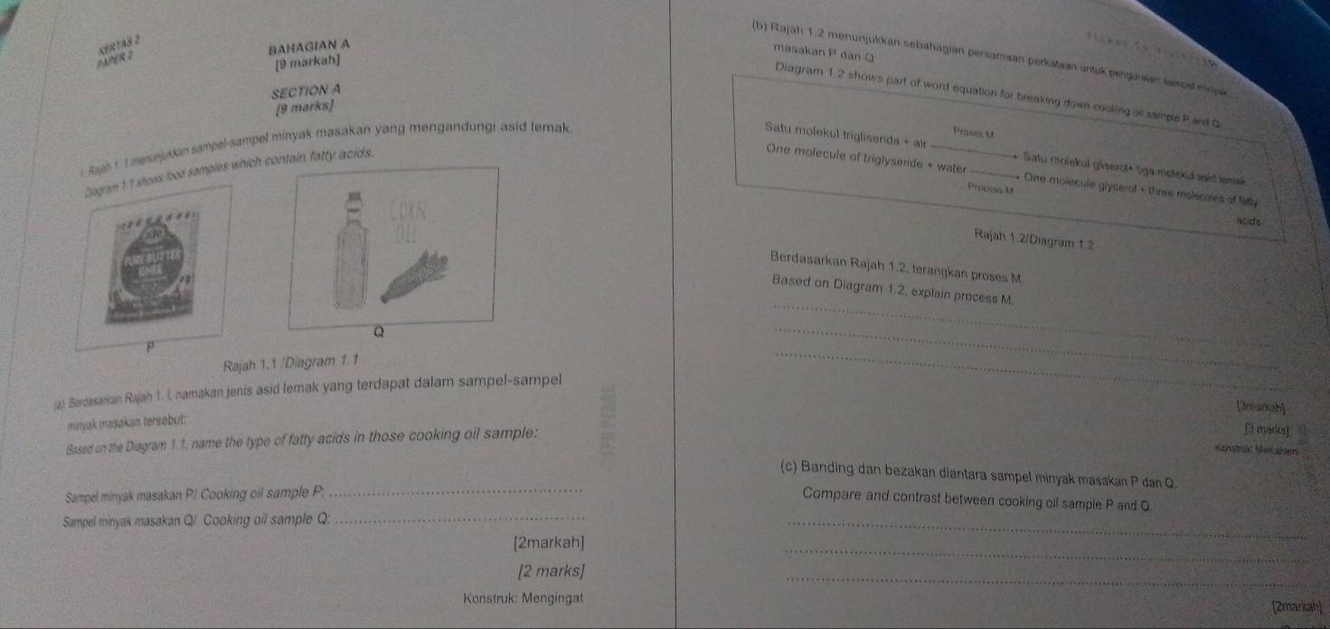 KERTAB 2 
BAHAGIAN A 
masakan P dan Q
(b) Rajah 1.2 menunjukkan sebahagian persamaan perkataan untuk pengurwan sampe minge 
MPER I 
[9 markah] 
SECTION A 
Diagram 1.2 shows part of word equation for breaking down cooking ail sample P ard G 
[9 marks] 
Rh t I mnajskan sampel-sampel minyak masakan yang mengandungi asid femak 
Prases t 
Satu molekul triglisenda + air __* Satu molekul giserol+ tga meleku asid lamai 
Diogram 1:1 shows lood samples which contain fatty acids. 
One molecule of triglyseride + water . One molecule glycerol + three molecules of latty 
Process M

woids 
Rajah 1.2/Diagram 1.2 
Berdasarkan Rajah 1.2, terangkan proses M
Based on Diagram 1.2, explain process M.
p
_ 
Rajah 1.1 /Diagram 1.1 
_ 
(a) Bardasanian Rajah 1. I, namakan jenis asid lemak yang terdapat dalam sampel-sampel 
_ 
[3markah] 
mityak masakan tersebut: 
Based on the Diagram 1.1, name the type of fatty acids in those cooking oil sample: 81
[3 maricy 
Konsträc Manablen 
(c) Banding dan bezakan diantara sampel minyak masakan P dan Q
Sampel minyak masakan P/ Cooking oil sample P : 
_ 
Compare and contrast between cooking oil sample P and O
Sampel minyak masakan Q/ Cooking oil sample Q :_ 
_ 
[2markah] 
_ 
[2 marks] 
_ 
Konstruk: Mengingat 
[2markan]