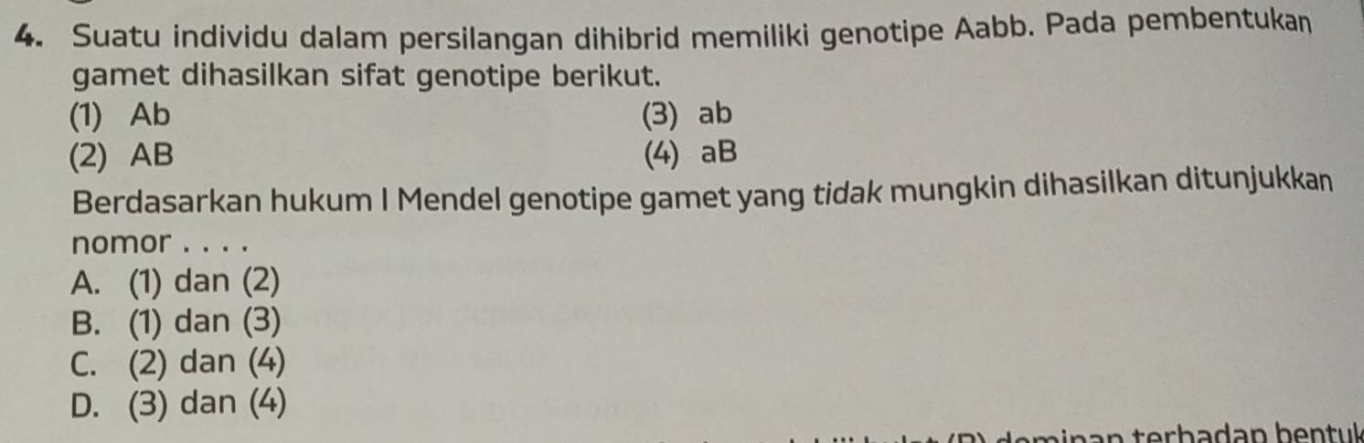 Suatu individu dalam persilangan dihibrid memiliki genotipe Aabb. Pada pembentukan
gamet dihasilkan sifat genotipe berikut.
(1) Ab (3) ab
(2) AB (4) aB
Berdasarkan hukum I Mendel genotipe gamet yang tidak mungkin dihasilkan ditunjukkan
nomor . . . .
A. (1) dan (2)
B. (1) dan (3)
C. (2) dan (4)
D. (3) dan (4)