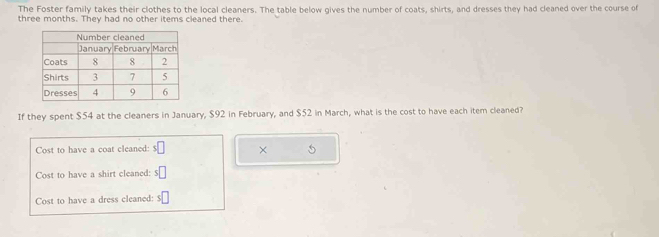 The Foster family takes their clothes to the local cleaners. The table below gives the number of coats, shirts, and dresses they had cleaned over the course of
three months. They had no other items cleaned there.
If they spent $54 at the cleaners in January, $92 in February, and $52 in March, what is the cost to have each item cleaned?
Cost to have a coat cleaned: s□ ×
Cost to have a shirt cleaned: $□
Cost to have a dress cleaned: $□