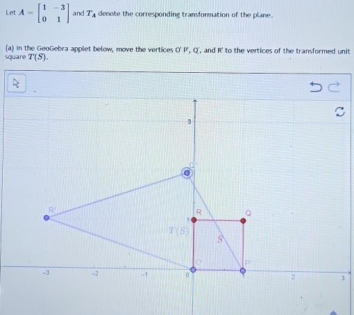 Let A=beginbmatrix 1&-3 0&1endbmatrix and T_A denote the corresponding transformation of the plane.
(a) In the GeoGebra applet below, move the vertices O'P' , Q', and R' to the vertices of the transformed unit
square T(S).
3