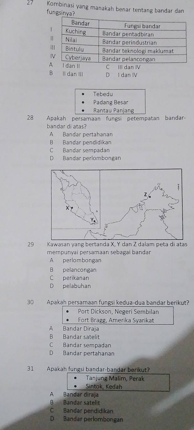 Kombinasi yang manakah benar tentang bandar dan
fungsinya?
dan II C III dan IV
B II dan III D I dan IV
Tebedu
Padang Besar
Rantau Panjang
28 Apakah persamaan fungsi petempatan bandar-
bandar di atas?
A Bandar pertahanan
B Bandar pendidikan
C Bandar sempadan
D Bandar perlombongan
29 Kawasan yang bertanda X, Y dan Z dalam peta di atas
mempunyai persamaan sebagai bandar
A perlombongan
B pelancongan
C perikanan
D pelabuhan
30 Apakah persamaan fungsi kedua-dua bandar berikut?
Port Dickson, Negeri Sembilan
Fort Bragg, Amerika Syarikat
A Bandar Diraja
B Bandar satelit
C Bandar sempadan
D Bandar pertahanan
31 Apakah fungsi bandar-bandar berikut?
Tanjung Malim, Perak
Sintok, Kedah
A Bandar diraja
B Bandar satelit
C Bandar pendidikan
D Bandar perlombongan