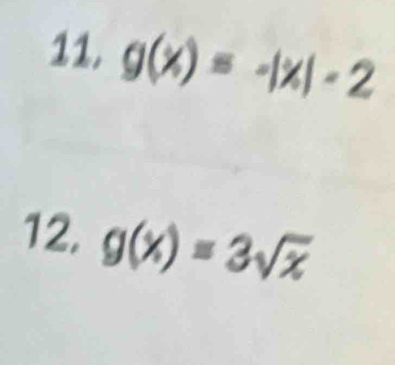 g(x)=-|x|-2
12. g(x)=3sqrt(x)