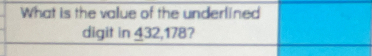 What is the value of the underlined 
digit in 432,178?