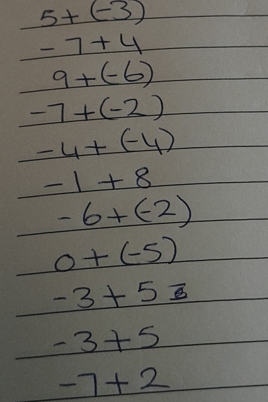 5+(-3)
-7+4
9+(-6)
-7+(-2)
-4+(-4)
-1+8
-6+(-2)
0+(-5)
-3+5=
-3+5
-7+2