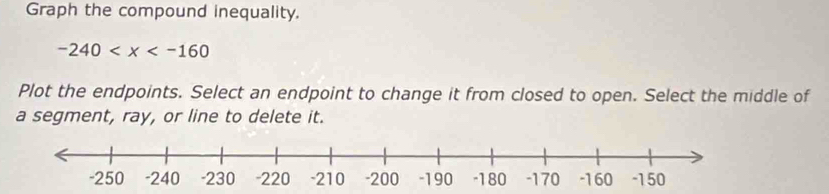 Graph the compound inequality.
-240
Plot the endpoints. Select an endpoint to change it from closed to open. Select the middle of 
a segment, ray, or line to delete it.