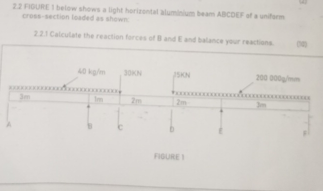 (4) 
2.2 FIGURE 1 below shows a light horizontal aluminium beam ABCDEF of a uniform 
cross-section loaded as shown: 
2.2.1 Calculate the reaction forces of B and E and balance your reactions. (10) 
FIGURE 1