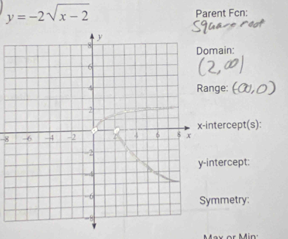 y=-2sqrt(x-2)
Parent Fcn: 
main: 
nge: 
ntercept(s):
-8
ntercept: 
mmetry: