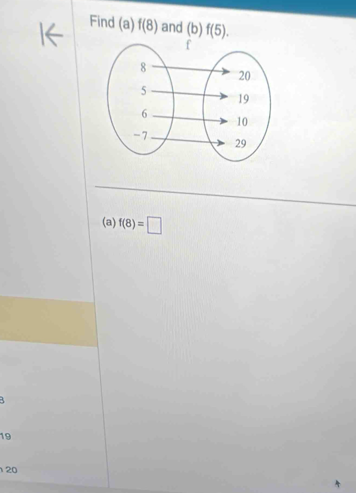 Find (a) f(8) and (b) f(5). 
(a) f(8)=□
B
19
20