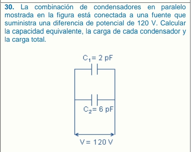 La combinación de condensadores en paralelo
mostrada en la figura está conectada a una fuente que
suministra una diferencia de potencial de 120 V. Calcular
la capacidad equivalente, la carga de cada condensador y
la carga total.
C_1=2pF
C_2=6pF
V=120V