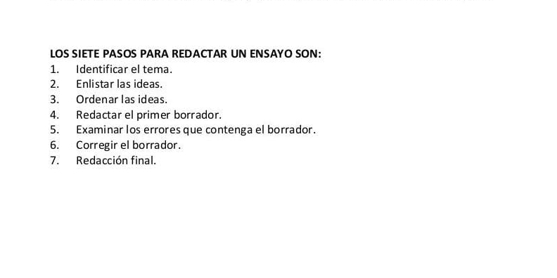 Resuelto:LOS SIETE PASOS PARA REDACTAR UN ENSAYO SON: 1. Identificar el ...