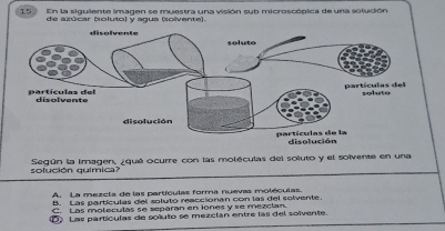 159 En la siguiente imagen se muestra una visión sub microscópica de una solución
de azúcar (soluto) y agua (solvente).
las del uto
disolución
solución química? Según la imagen, ¿qué ocurre con las moléculas del soluto y el solvente en una
A. La mezcia de las partículas forma nuevas moléculas.
B. Las partículas del soluto reaccionan con las del solvente.
C. Las moleculas se separan en iones y re mezcian.
D Las partículas de solulo se mezcian entre las del solvente.