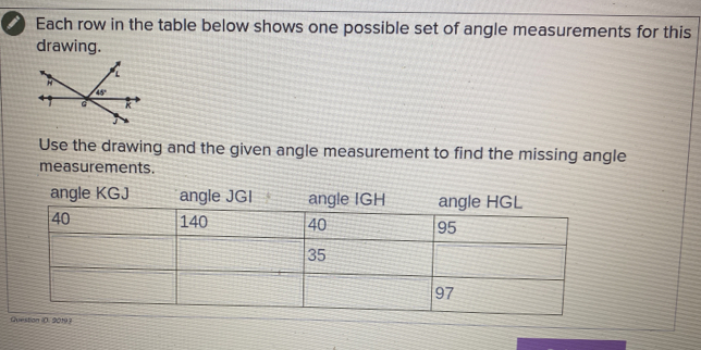 Each row in the table below shows one possible set of angle measurements for this
drawing.
Use the drawing and the given angle measurement to find the missing angle
measurements.
Question 10. 20197