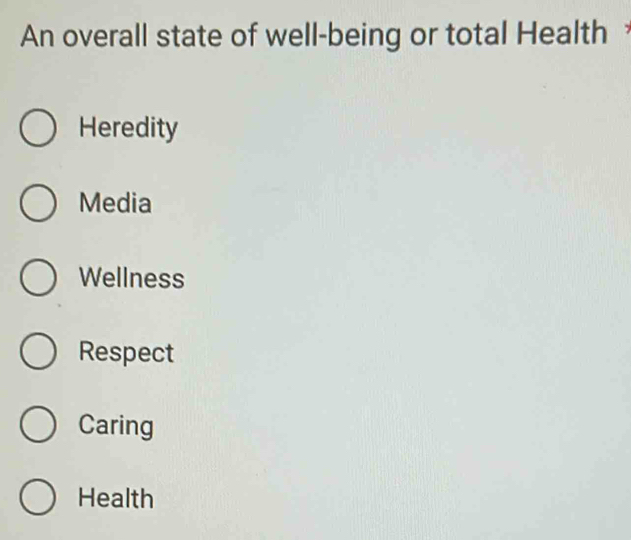 An overall state of well-being or total Health
Heredity
Media
Wellness
Respect
Caring
Health