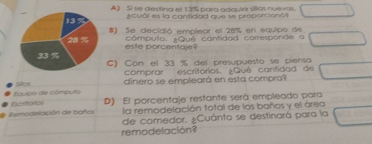 Sí se destina el 13% para adquirir síllas nuevas, 
¿cuál es la cantidad que se proporcionó? 
B) Se decidió emplear el 28% en equipo de 
cómputo. ¿Qué cantidad corresponde a 
este porcentaje? 
C) Con el 33 % del presupuesto se piensa 
comprar escritorios. ¿Qué cantidad de 
Silos dinero se empleará en esta compra? 
Equipo de cómputo 
Escritorios D) El porcentaje restante será empleado para 
Remodelación de baños la remodelación total de los baños y el área 
de comedor. ¿Cuánto se destinará para la 
remodelación?