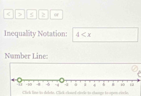 < > S 2 or 
Inequality Notation: 4
Number Line: 
Click line to delete. Click closed circle to change to open circle.