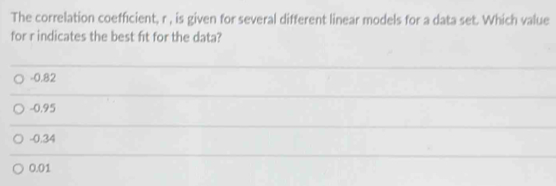 The correlation coefficient, r , is given for several different linear models for a data set. Which value
for r indicates the best fit for the data?
-0.82
-0.95
-0,34
0.01