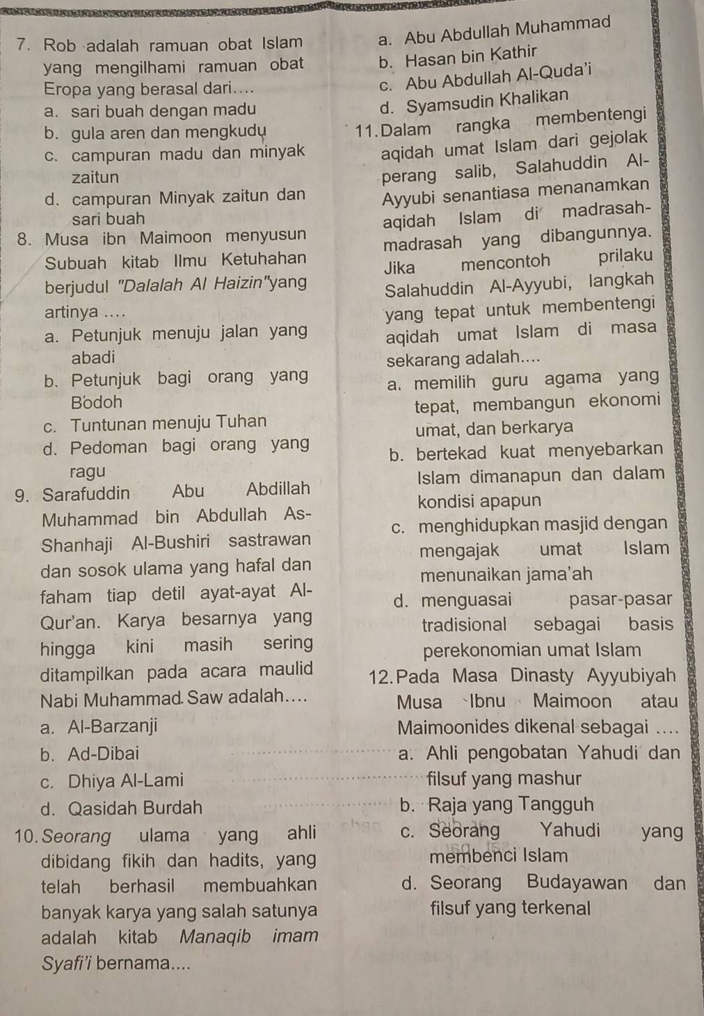 Rob adalah ramuan obat Islam
a. Abu Abdullah Muhammad
yang mengilhami ramuan obat
b. Hasan bin Kathir
Eropa yang berasal dari....
c. Abu Abdullah Al-Quda’i
a. sari buah dengan madu
d. Syamsudin Khalikan
b. gula aren dan mengkudu
11. Dalam rangka membentengi
c. campuran madu dan minyak
aqidah umat Islam dari gejolak
zaitun
perang salib, Salahuddin Al-
d. campuran Minyak zaitun dan
Ayyubi senantiasa menanamkan
sari buah
aqidah Islam di madrasah-
8. Musa ibn Maimoon menyusun
Subuah kitab Ilmu Ketuhahan madrasah yang dibangunnya.
Jika mencontoh prilaku
berjudul "Dalalah Al Haizin"yang
Salahuddin Al-Ayyubi, langkah
artinya .... yang tepat untuk membentengi
a. Petunjuk menuju jalan yang
aqidah umat Islam di masa
abadi sekarang adalah....
b. Petunjuk bagi orang yang
a. memilih guru agama yang
Bodoh
c. Tuntunan menuju Tuhan tepat, membangun ekonomi
umat, dan berkarya
d. Pedoman bagi orang yang
b. bertekad kuat menyebarkan
ragu Islam dimanapun dan dalam
9. Sarafuddin Abu Abdillah
kondisi apapun
Muhammad bin Abdullah As-
c. menghidupkan masjid dengan
Shanhaji Al-Bushiri sastrawan umat Islam
mengajak
dan sosok ulama yang hafal dan
menunaikan jama'ah
faham tiap detil ayat-ayat Al-
d. menguasai pasar-pasar
Qur'an. Karya besarnya yang tradisional sebagai basis
hingga kini masih sering
perekonomian umat Islam
ditampilkan pada acara maulid 12. Pada Masa Dinasty Ayyubiyah
Nabi Muhammad Saw adalah… Musa  Ibnu Maimoon atau
a. Al-Barzanji Maimoonides dikenal sebagai ....
b. Ad-Dibai a. Ahli pengobatan Yahudi dan
c. Dhiya Al-Lami filsuf yang mashur
d. Qasidah Burdah b. Raja yang Tangguh
10. Seorang ulama yang ahli c. Seorang Yahudi yang
dibidang fikih dan hadits, yang membenci Islam
telah berhasil membuahkan d. Seorang Budayawan dan
banyak karya yang salah satunya filsuf yang terkenal
adalah kitab Manaqib imam
Syafi’ bernama....