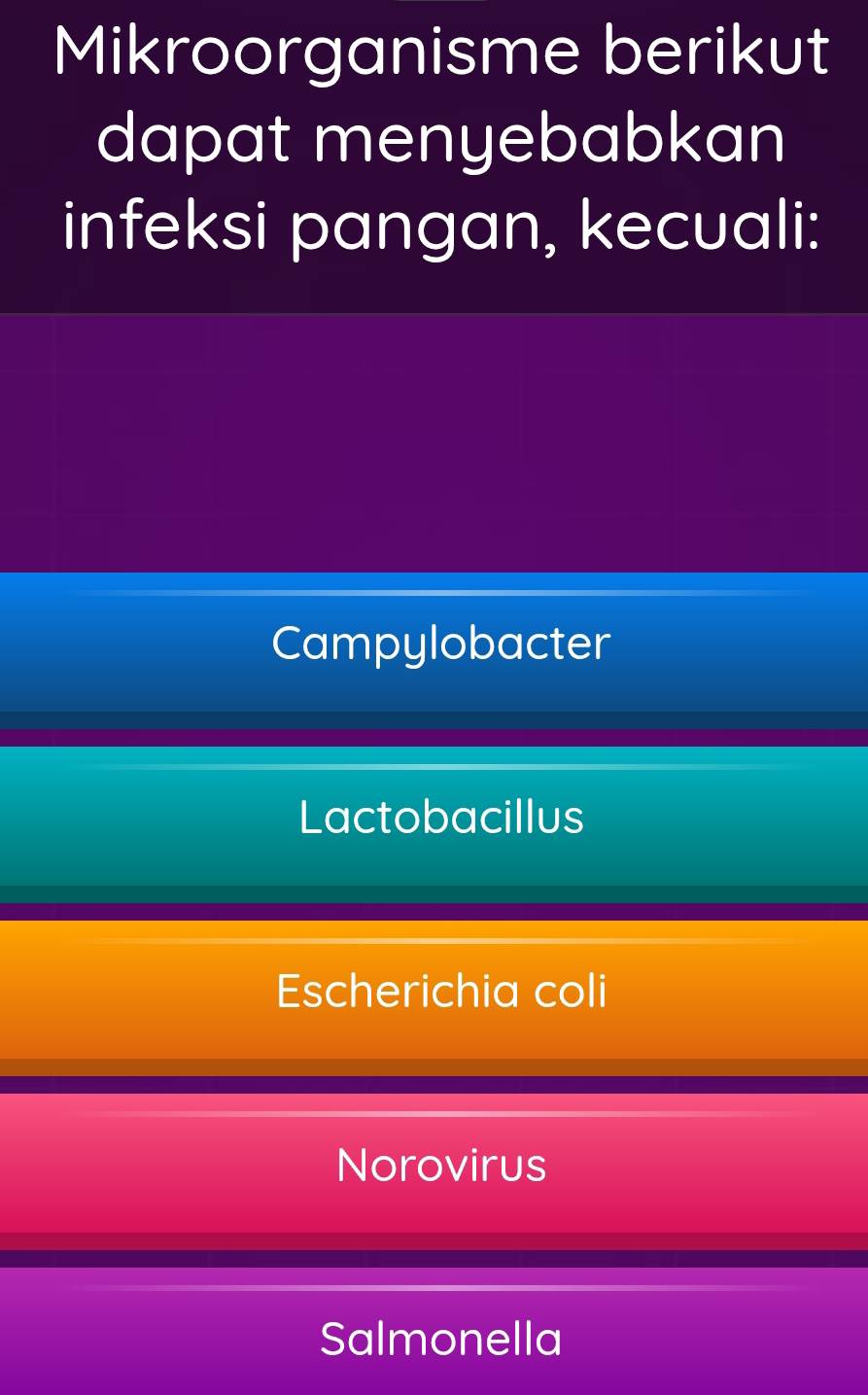 Mikroorganisme berikut
dapat menyebabkan
infeksi pangan, kecuali:
Campylobacter
Lactobacillus
Escherichia coli
Norovirus
Salmonella