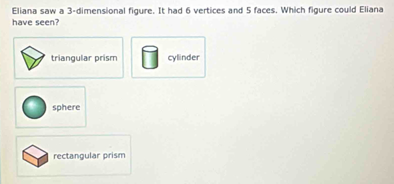 Eliana saw a 3 -dimensional figure. It had 6 vertices and 5 faces. Which figure could Eliana
have seen?
triangular prism cylinder
sphere
rectangular prism