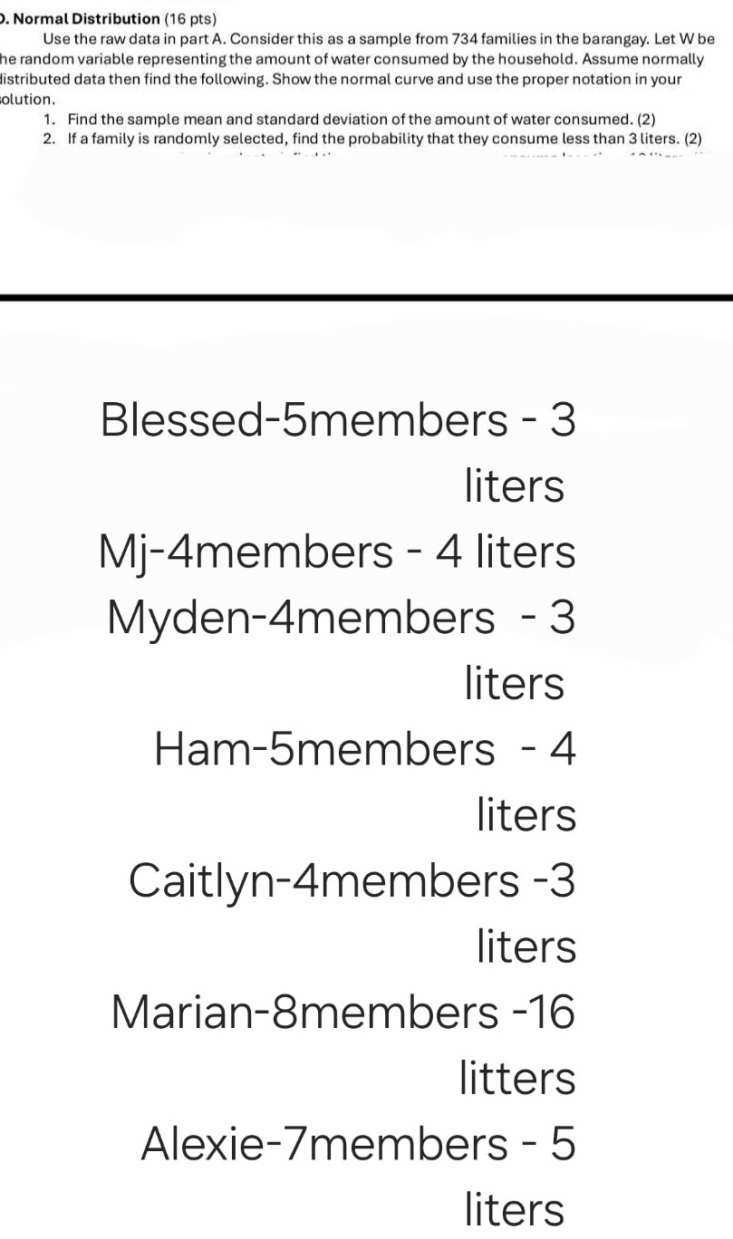Normal Distribution (16 pts)
Use the raw data in part A. Consider this as a sample from 734 families in the barangay. Let W be
he random variable representing the amount of water consumed by the household. Assume normally
distributed data then find the following. Show the normal curve and use the proper notation in your
olution.
1. Find the sample mean and standard deviation of the amount of water consumed. (2)
2. If a family is randomly selected, find the probability that they consume less than 3 liters. (2)
Blessed-5members - 3
liters
Mj- 4members - 4 liters
Myden- 4members - 3
liters
Ham- 5members - 4
liters
Caitlyn- 4members -3
liters
Marian-8members - 16
litters
Alexie- 7members - 5
liters