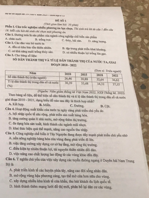 Đợ de on myện im 1  1  ir t nam 2043 - 2on đị8 a 12
đè số 1
(Thời gian làm bài: 50 phút)
Phần I, Câu trắc nghiệm nhiều phương án lựa chọn. Thí sinh trà lời từ cầu 1 đến cầu
18. Mỗi cầu hồi thí sinh chỉ chọn một phương án.
Câu 1. Đường mía là sản phẩm của ngành công nghiệp chế biển sản phẩm
A. chăn nuôi. B. trồng trọt. C. thủy, hài sàn. D. năng lượng,
Câu 2. Các đảo ven bờ nước ta
A. đều có khu bảo tồn thiên nhiên. B. tập trung phát triển khai khoáng.
C. có khả năng nuôi trởng thủy sân. D. có nhiều thuận lợi trồng lúa gạo.
Câu 3. Cho băng số liệu:
só dân thành thị và tỉ lệ dân thành thị của nước ta, giai
ĐOAN 2010 - 2022
Nam 2022, NXB Thống kê, 2023)
Theo bảng số liệu, để thể hiện số dân thành thị và tỉ lệ dân thành thị trong dân số cá nước
giai đoạn 2010 - 2021, dạng biểu đồ nào sau đây là thích hợp nhất?
A. Kết hợp. B. Miền. C. Đường, D. Cột.
Câu 4. Hoạt động xuất khẩu của nước ta ngày càng phát triển chù yếu do
A. hội nhập quốc tế sâu rộng, phát triển sản xuất hàng hóa.
B. tăng cường quản lí nhà nước, mở rộng thêm thị trường.
C. đa dạng hóa sản xuất, hình thành các ngành mũi nhọn.
D. khai thác hiệu quả thể mạnh, nâng cao nguồn thu nhập.
Câu 5. Công nghiệp chế biến ở Tây Nguyên đang được đầy mạnh phát triển chủ yếu nhờ
A. nền nông nghiệp hàng hóa của vùng đang phát triển đi lên.
B. việc tăng cường xây dựng cơ sở hạ tầng, mở rộng thị trường.
C. điều kiện tự nhiên thuận lợi, tài nguyên thiên nhiên dồi dào.
D. việc nâng cao chất lượng lao động từ các vùng khác đến đây.
Câu 6, Ý nghĩa chủ yếu của việc xây dựng các tuyến đường ngang ở Duyên hải Nam Trung
Bộ là
A. phát triển kinh tế các huyện phía tây, nâng cao đời sống nhân dân.
B. mở rộng vùng hậu phương cảng, tạo thể mở cửa hơn nữa cho vùng.
C. xây dựng nhiều khu kinh tế cửa khẩu, thu hút khách du lịch quốc tế.
D. hình thành thêm mạng lưới đồ thị mới, phân bố lại dân cư các vùng.