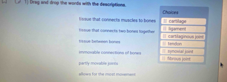 Drag and drop the words with the descriptions.
Choices
tissue that connects muscles to bones == cartilage
tissue that connects two bones together == ligament
== cartilaginous joint
tissue between bones 𨰻 tendon
immovable connections of bones = synovial joint
== fibrous joint
partly movable joints
allows for the most movement