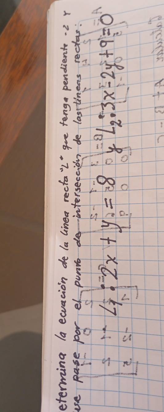 eterming la equacion de la linea recta"l" aue fenga pendient. 2 r 
use pase por el punto deintersectionn de lastineas rectas:
sumlimits _(i=1)^51:2x+y_28:=9=2=0y^:2y+2yL_2:3x-2y+9=0