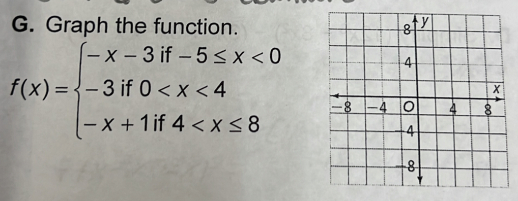 Graph the function.
f(x)=beginarrayl -x-3if-5≤ x<0 -3if0