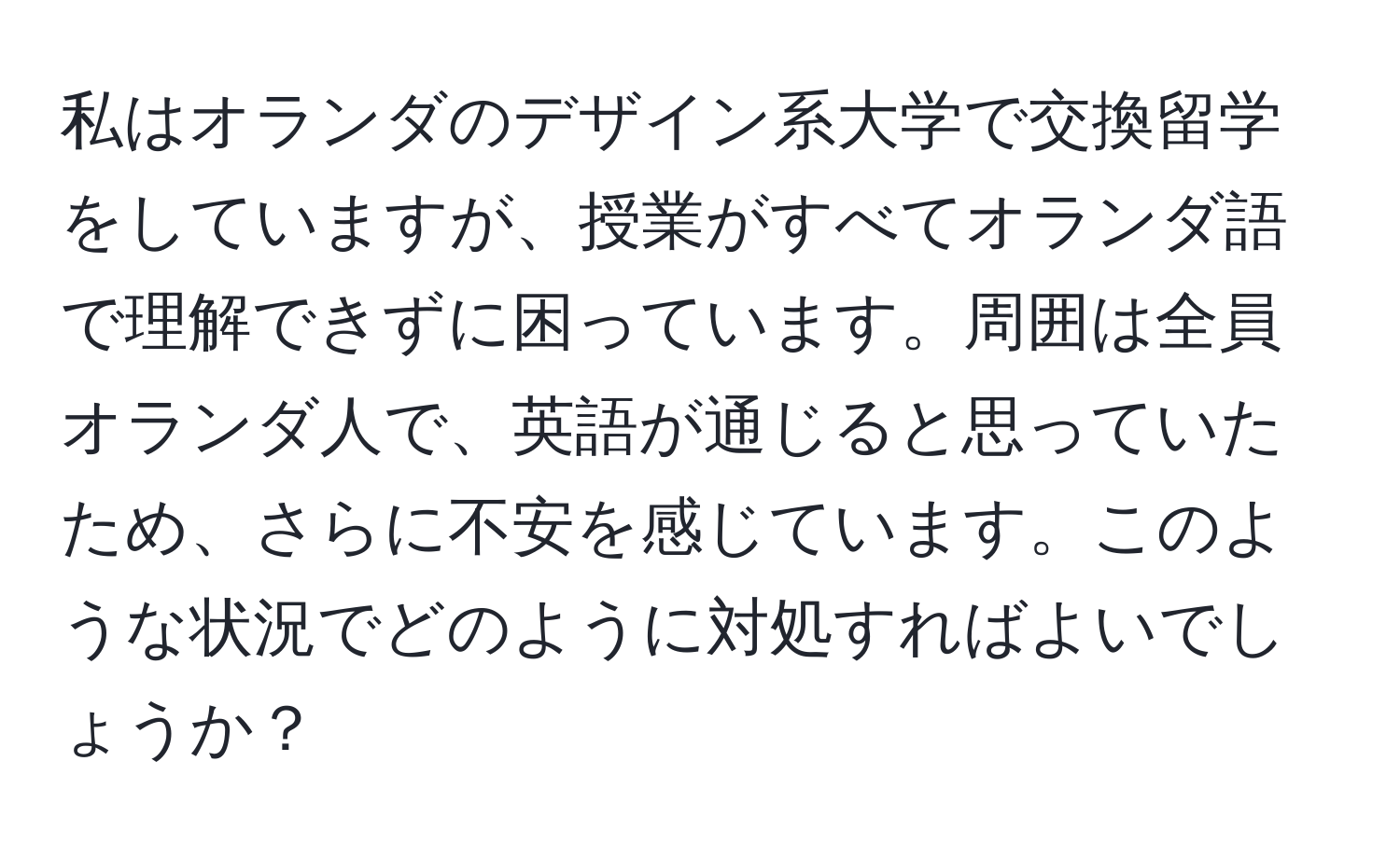 私はオランダのデザイン系大学で交換留学をしていますが、授業がすべてオランダ語で理解できずに困っています。周囲は全員オランダ人で、英語が通じると思っていたため、さらに不安を感じています。このような状況でどのように対処すればよいでしょうか？