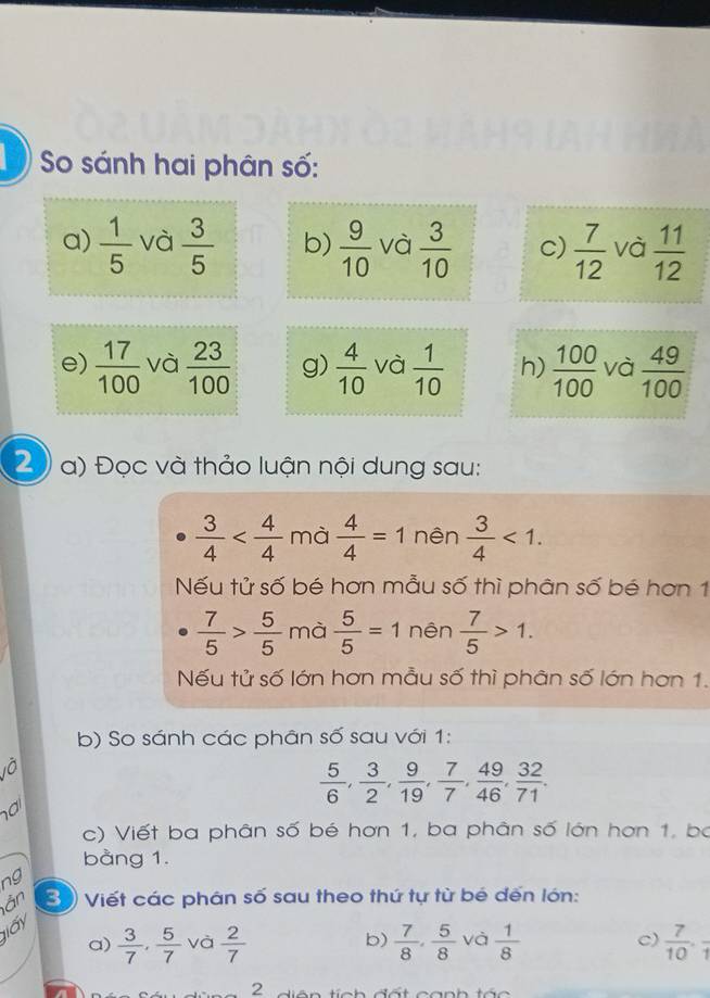 So sánh hai phân số: 
a)  1/5  và  3/5  b)  9/10  và  3/10  c)  7/12  và  11/12 
e)  17/100  và  23/100  g)  4/10  và  1/10  h)  100/100  và  49/100 
2 a) Đọc và thảo luận nội dung sau:
 3/4  mà  4/4 =1 nên  3/4 <1</tex>. 
Nếu tử số bé hơn mẫu số thì phân số bé hơn 1
 7/5 > 5/5  mà  5/5 =1 nên  7/5 >1. 
Nếu tử số lớn hơn mẫu số thì phân số lớn hơn 1. 
b) So sánh các phân số sau với 1:
 5/6 ,  3/2 ,  9/19 ,  7/7 ,  49/46 ,  32/71 . 
c) Viết ba phân số bé hơn 1, ba phân số lớn hơn 1, ba 
bàng 1. 
ng 
ân Bộ Viết các phân số sau theo thứ tự từ bé đến lớn: 
Tiấy 
a)  3/7 ,  5/7  và  2/7   7/8 ,  5/8  và  1/8  c)  7/10 , frac 1
b)