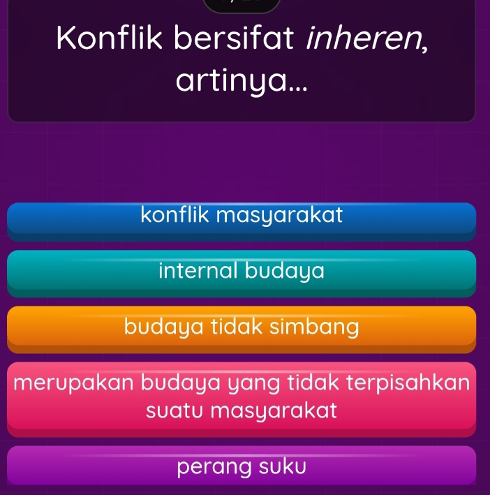 Konflik bersifat inheren,
artinya...
konflik masyarakat
internal budaya
budaya tidak simbang
merupakan budaya yang tidak terpisahkan
suatu masyarakat
perang suku