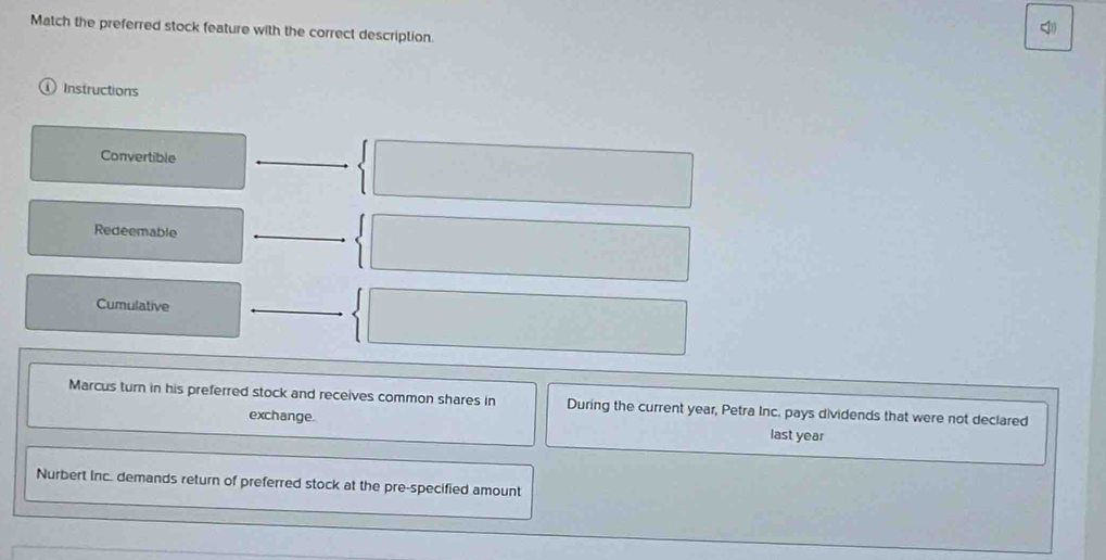 Match the preferred stock feature with the correct description 
< 
Instructions 
Convertible 
Redeemable 
Cumulative 
Marcus turn in his preferred stock and receives common shares in During the current  year, Petra Inc. pays dividends that were not declared 
exchange. last year
Nurbert Inc. demands return of preferred stock at the pre-specified amount