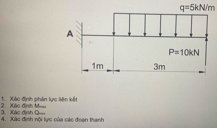 q=5kN/m
1. Xác định phản lực liên kết
2. Xác định Mmax
3. Xác định Qmax
4. Xác định nội lực của các đoạn thanh