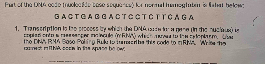 Part of the DNA code (nucleotide base sequence) for normal hemoglobin is listed below: 
G A C T G A G G A C T C C T C T T C A G A 
1. Transcription is the process by which the DNA code for a gene (in the nucleus) is 
copied onto a messenger molecule (mRNA) which moves to the cytoplasm. Use 
the DNA-RNA Base-Pairing Rule to transcribe this code to mRNA. Write the 
correct mRNA code in the space below: