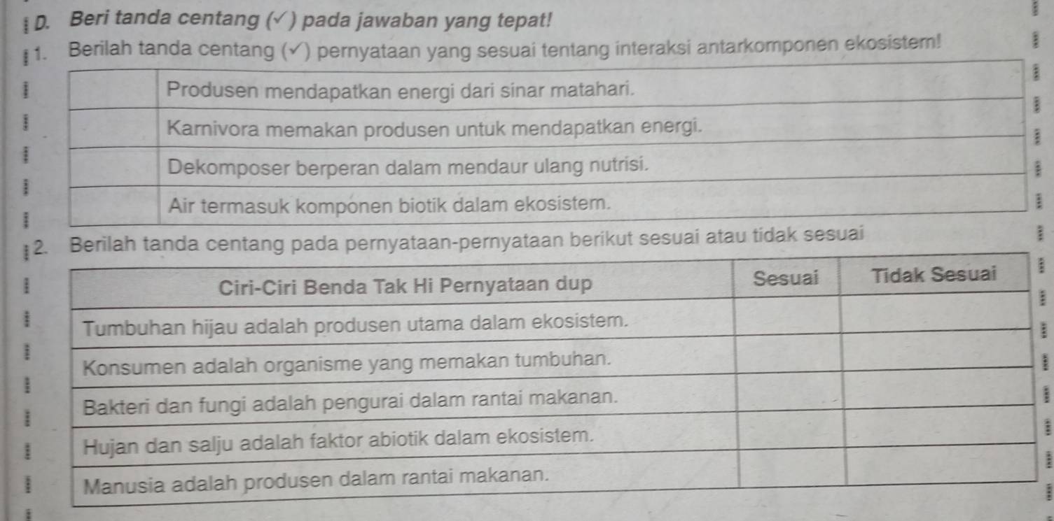 Beri tanda centang (√ ) pada jawaban yang tepat! 
1. Berilah tanda centang (√) pernyataan yang sesuai tentang interaksi antarkomponen ekosistem! : 
rnyataan berikut sesuai atau tidak se 
| 
| 
: