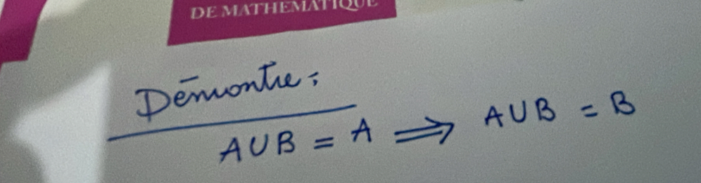 Demonte,
A∪ B=ARightarrow A∪ B=B