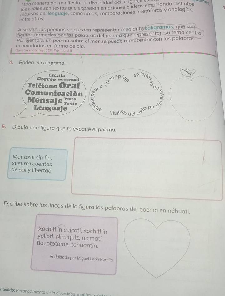 Otra manera de manifestar la diversidad del lengudje es 
emas 
los cuales son textos que expresan emociones e ideas empleando distintos 
recursos del lenguaje, como rimas, comparaciones, metáforas y analogías, 
entre otros. 
A su vez, los poemas se pueden representar mediante caligramas, que son 
figuras formadas por las palabras del poema que representan su tema central 
Por ejemplo, un poema sobre el mar se puede representar con las palabras 
acomodadas en forma de ola. 
Nuestros soberes, SEP. Página: 26 
5. Dibuja una figura que te evoque el poema. 
Mar azul sin fin, 
susurra cuentos 
de sal y libertad. 
Escribe sobre las líneas de la figura las palabras del poema en náhuatl. 
Xochitl in cuicatl, xochitl in 
yollotl. Nimiquiz, nicmati, 
tlazototome, tehuantin. 
Redactado por Miguel León Portilla 
Intenido: Reconocimiento de la diversidad linguística