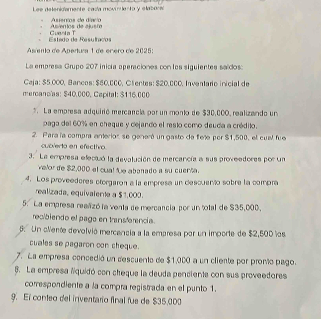 Lee detenidamente cada movimiento y elabora 
Asientos de diario 
Asientos de ajuste 
Cuenta T 
Estado de Resultados 
Asiento de Apertura 1 de enero de 2025 : 
La empresa Grupo 207 inicia operaciones con los siguientes saldos: 
Caja: $5,000, Bancos: $50,000, Clientes: $20,000, Inventario inicial de 
mercancías: $40,000, Capital: $115,000
1. La empresa adquirió mercancía por un monto de $30,000, realizando un 
pago del 60% en cheque y dejando el resto como deuda a crédito. 
2. Para la compra anterior, se generó un gasto de flete por $1,500, el cual fue 
cubierto en efectivo. 
3. La empresa efectuó la devolución de mercancía a sus proveedores por un 
valor de $2,000 el cual fue abonado a su cuenta. 
4. Los proveedores otorgaron a la empresa un descuento sobre la compra 
realizada, equivalente a $1,000. 
5. La empresa realizó la venta de mercancía por un total de $35,000, 
recibiendo el pago en transferencia. 
6. Un cliente devolvió mercancía a la empresa por un importe de $2,500 los 
cuales se pagaron con cheque. 
7. La empresa concedió un descuento de $1,000 a un cliente por pronto pago. 
8. La empresa liquidó con cheque la deuda pendiente con sus proveedores 
correspondiente a la compra registrada en el punto 1. 
9. El conteo del inventario final fue de $35,000