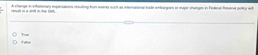 A change in inflationary expectations resulting from events such as international trade embargoes or major changes in Federal Reserve policy will
result in a shift in the SML.
True
False