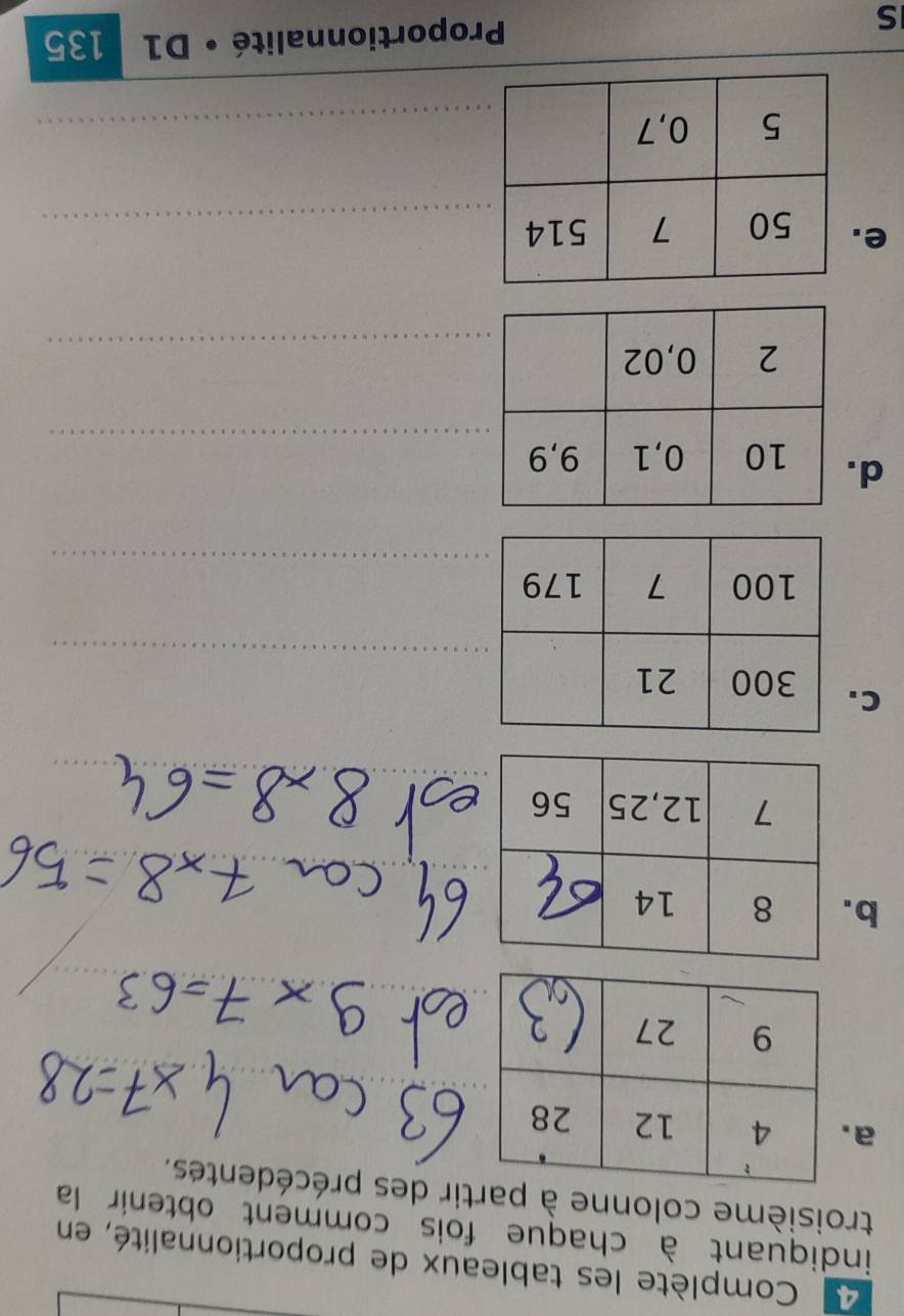 Complète les tableaux de proportionnalité, en 
indiquant à chaque fois comment obtenir la 
troisième colonne à partir des précédentes. 
a. 
b. 
C. 
d. 
e. 
S 
Proportionnalité • D1 135