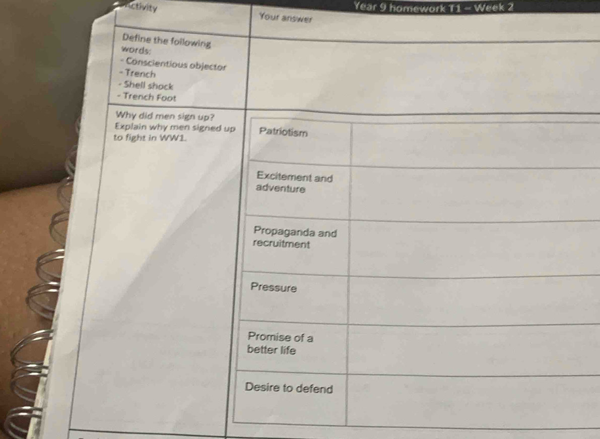 Year 9 homework 11 - Week 2 
Activity Your answer