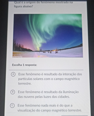 Qual é a origem do fenómeno mostrado na
figura abaixo?
Escolha 1 resposta:
A ) Esse fenômeno é resultado da interação das
partículas solares com o campo magnético
terrestre.
B Esse fenômeno é resultado da iluminação
das nuvens pelas luzes das cidades.
C Esse fenômeno nada mais é do que a
visualização do campo magnético terrestre.