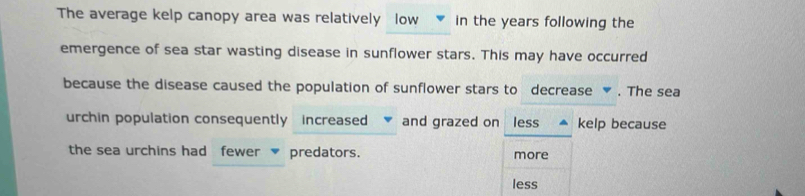 The average kelp canopy area was relatively low in the years following the 
emergence of sea star wasting disease in sunflower stars. This may have occurred 
because the disease caused the population of sunflower stars to decrease ▼ . The sea 
urchin population consequently increased and grazed on less kelp because 
the sea urchins had fewer predators. more 
less