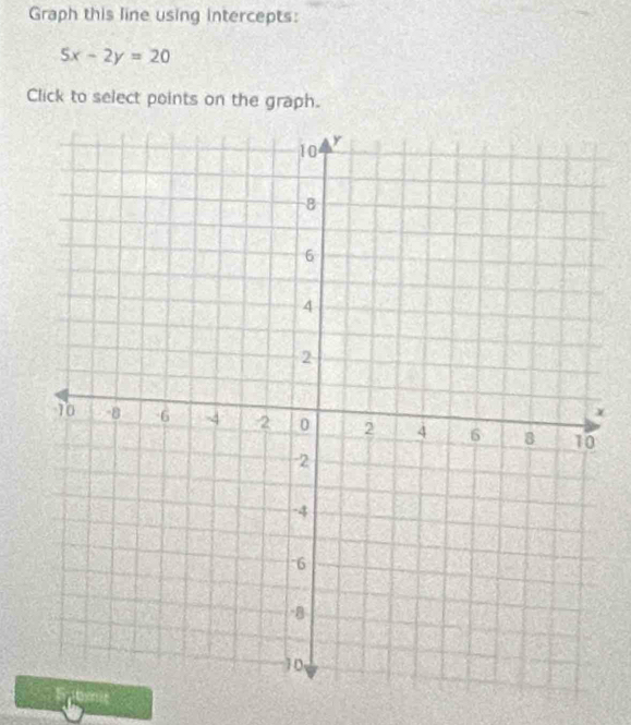 Graph this line using intercepts:
5x-2y=20
Click to select points on the graph.
χ